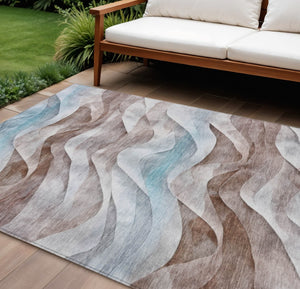 HomeRoots 10' Brown and Teal Abstract Washable Area Rug - Stylish, Durable for Indoor/Outdoor Use, Easy Care! 612023