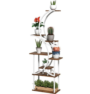 English Elm S-shaped Eight Tier Corner Plant Stand Steel and Fir Wood Sculptural Display Rack Carbon Black,White T3971P420907