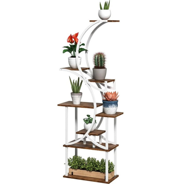 English Elm S-shaped Eight Tier Corner Plant Stand Steel and Fir Wood Sculptural Display Rack Carbon Black,White T3971P420907