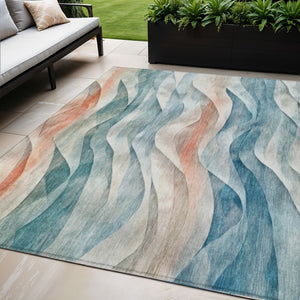 HomeRoots 5' Teal Blue and Peach Abstract Area Rug - Durable, Washable, Indoor/Outdoor Decor for Any Space 612031