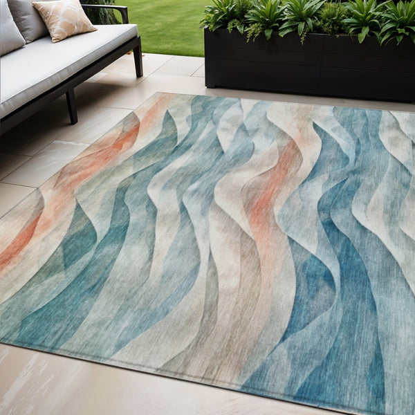 HomeRoots 5' Teal Blue and Peach Abstract Area Rug - Durable, Washable, Indoor/Outdoor Decor for Any Space 612031