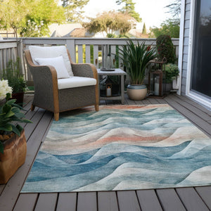 HomeRoots 5' Teal Blue and Peach Abstract Area Rug - Durable, Washable, Indoor/Outdoor Decor for Any Space 612031