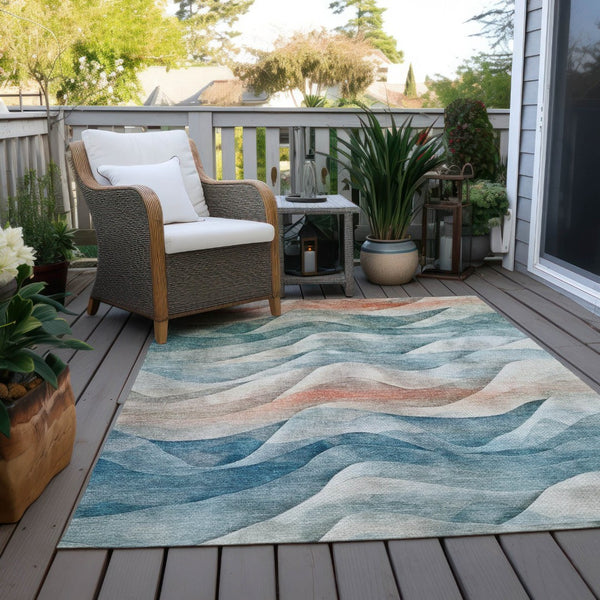 HomeRoots 5' Teal Blue and Peach Abstract Area Rug - Durable, Washable, Indoor/Outdoor Decor for Any Space 612031