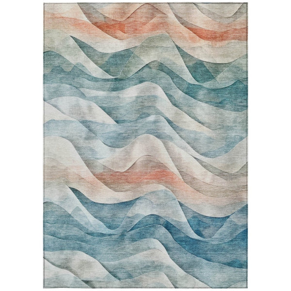 HomeRoots 5' Teal Blue and Peach Abstract Area Rug - Durable, Washable, Indoor/Outdoor Decor for Any Space 612031