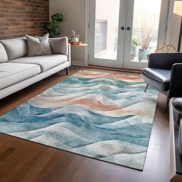 HomeRoots 5' Teal Blue and Peach Abstract Area Rug - Durable, Washable, Indoor/Outdoor Decor for Any Space 612031
