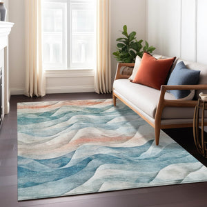 HomeRoots 5' Teal Blue and Peach Abstract Area Rug - Durable, Washable, Indoor/Outdoor Decor for Any Space 612031