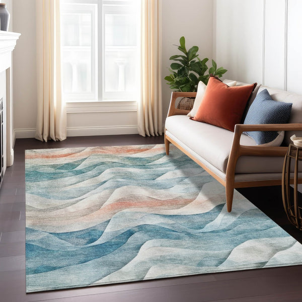 HomeRoots 5' Teal Blue and Peach Abstract Area Rug - Durable, Washable, Indoor/Outdoor Decor for Any Space 612031