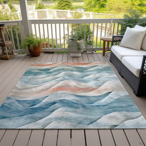 HomeRoots 5' Teal Blue and Peach Abstract Area Rug - Durable, Washable, Indoor/Outdoor Decor for Any Space 612031