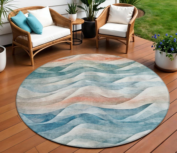 HomeRoots 8' Teal Blue and Peach Round Abstract Area Rug - Washable, Stylish, Durable for Indoor & Outdoor Use 612032