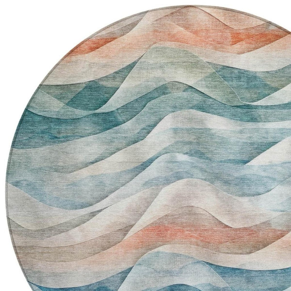 HomeRoots 8' Teal Blue and Peach Round Abstract Area Rug - Washable, Stylish, Durable for Indoor & Outdoor Use 612032