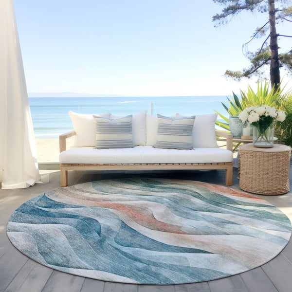 HomeRoots 8' Teal Blue and Peach Round Abstract Area Rug - Washable, Stylish, Durable for Indoor & Outdoor Use 612032