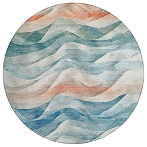 HomeRoots 8' Teal Blue and Peach Round Abstract Area Rug - Washable, Stylish, Durable for Indoor & Outdoor Use 612032