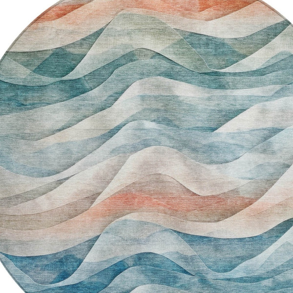 HomeRoots 8' Teal Blue and Peach Round Abstract Area Rug - Washable, Stylish, Durable for Indoor & Outdoor Use 612032