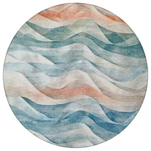 HomeRoots 8' Teal Blue and Peach Round Abstract Area Rug - Washable, Stylish, Durable for Indoor & Outdoor Use 612032