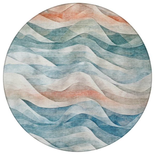 HomeRoots 8' Teal Blue and Peach Round Abstract Area Rug - Washable, Stylish, Durable for Indoor & Outdoor Use 612032