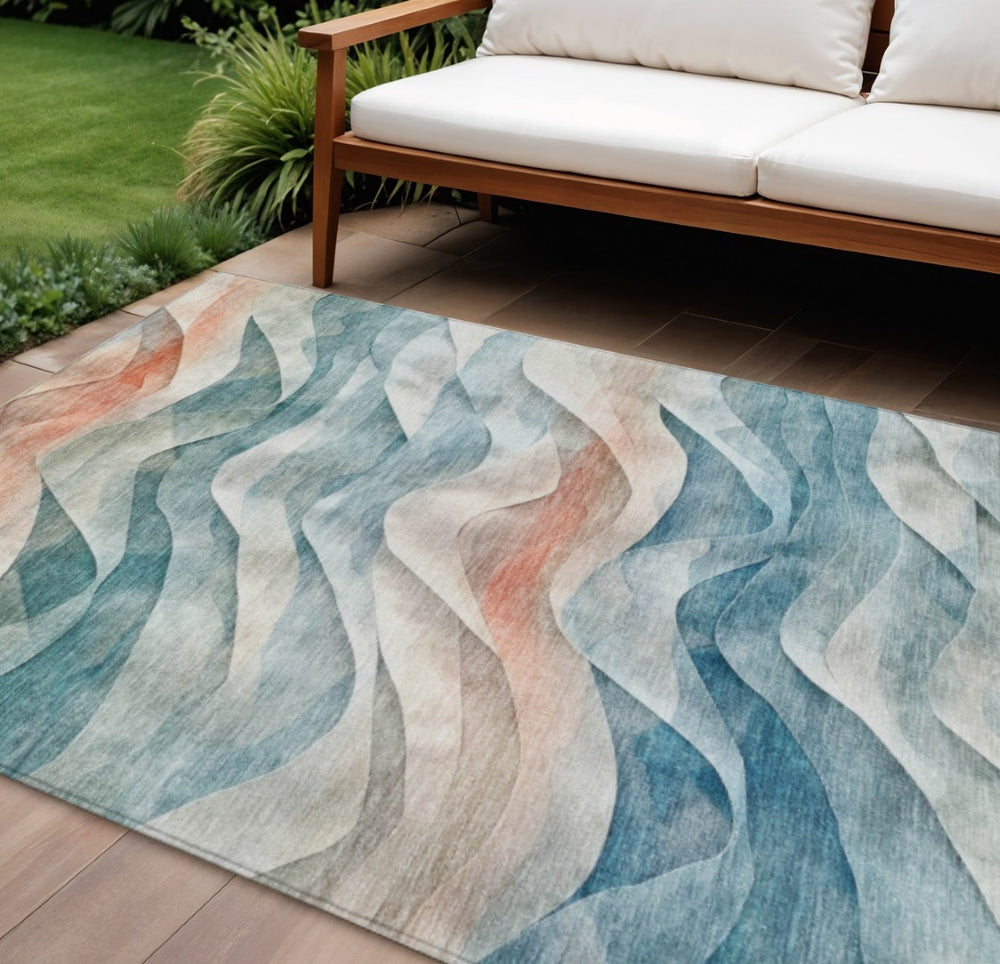 HomeRoots 8' X 10' Teal Blue & Peach Abstract Washable Rug - Stylish Indoor/Outdoor Décor for Any Space! 612033