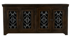 HomeRoots 76" Brown Distressed Solid Wood Sideboard with Glass Doors - Stylish Storage & Display Solution 612036