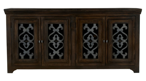 HomeRoots 76" Brown Distressed Solid Wood Sideboard with Glass Doors - Stylish Storage & Display Solution 612036
