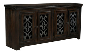 HomeRoots 76" Brown Distressed Solid Wood Sideboard with Glass Doors - Stylish Storage & Display Solution 612036