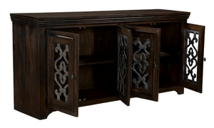 HomeRoots 76" Brown Distressed Solid Wood Sideboard with Glass Doors - Stylish Storage & Display Solution 612036