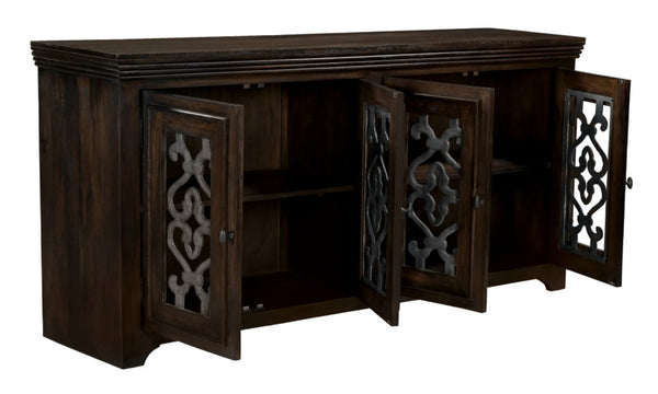 HomeRoots 76" Brown Distressed Solid Wood Sideboard with Glass Doors - Stylish Storage & Display Solution 612036