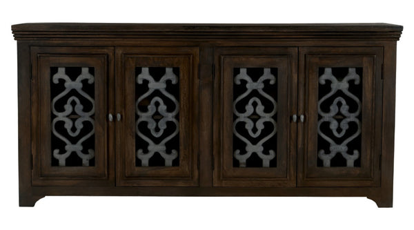 HomeRoots 76" Brown Distressed Solid Wood Sideboard with Glass Doors - Stylish Storage & Display Solution 612036