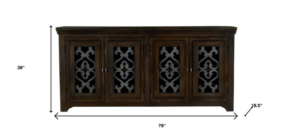 HomeRoots 76" Brown Distressed Solid Wood Sideboard with Glass Doors - Stylish Storage & Display Solution 612036