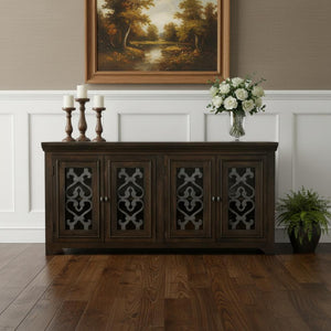 HomeRoots 76" Brown Distressed Solid Wood Sideboard with Glass Doors - Stylish Storage & Display Solution 612036