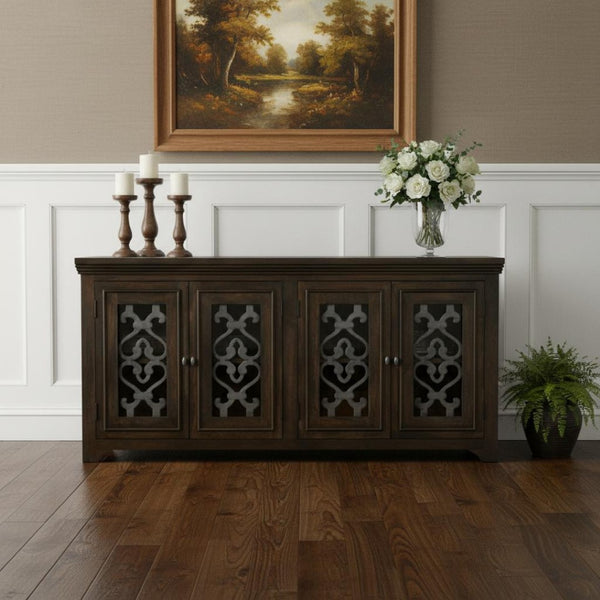 HomeRoots 76" Brown Distressed Solid Wood Sideboard with Glass Doors - Stylish Storage & Display Solution 612036