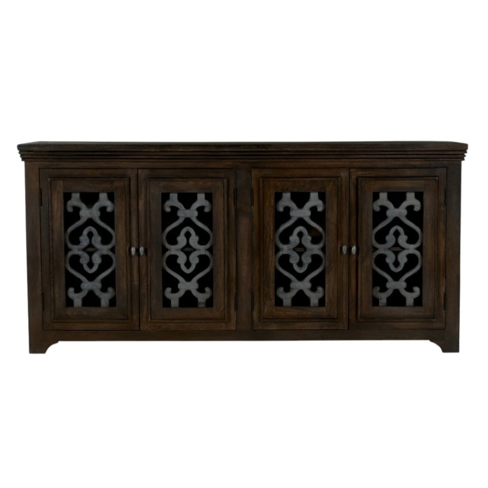 HomeRoots 76" Brown Distressed Solid Wood Sideboard with Glass Doors - Stylish Storage & Display Solution 612036