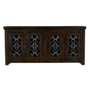 HomeRoots 76" Brown Distressed Solid Wood Sideboard with Glass Doors - Stylish Storage & Display Solution 612036