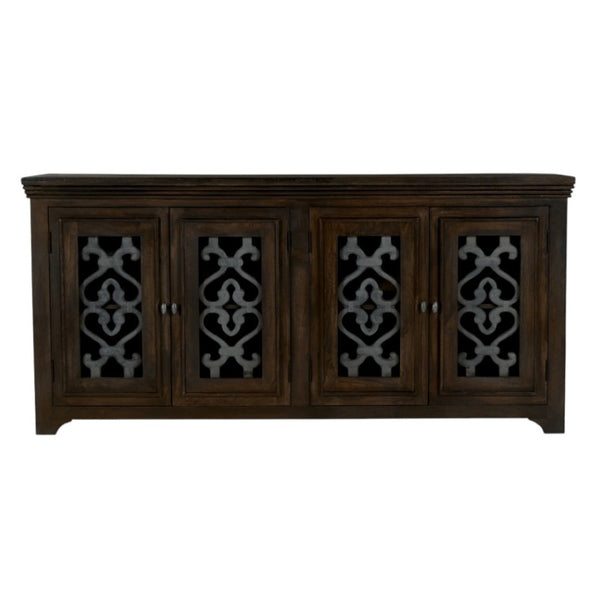 HomeRoots 76" Brown Distressed Solid Wood Sideboard with Glass Doors - Stylish Storage & Display Solution 612036