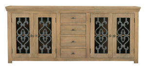 HomeRoots 84" Natural Distressed Solid Wood Sideboard with Glass Doors - Stylish Storage for Any Room 612037