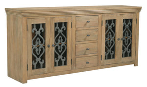 HomeRoots 84" Natural Distressed Solid Wood Sideboard with Glass Doors - Stylish Storage for Any Room 612037