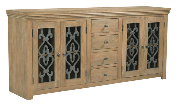 HomeRoots 84" Natural Distressed Solid Wood Sideboard with Glass Doors - Stylish Storage for Any Room 612037