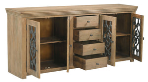 HomeRoots 84" Natural Distressed Solid Wood Sideboard with Glass Doors - Stylish Storage for Any Room 612037