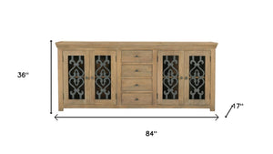 HomeRoots 84" Natural Distressed Solid Wood Sideboard with Glass Doors - Stylish Storage for Any Room 612037