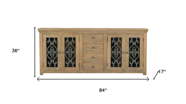 HomeRoots 84" Natural Distressed Solid Wood Sideboard with Glass Doors - Stylish Storage for Any Room 612037