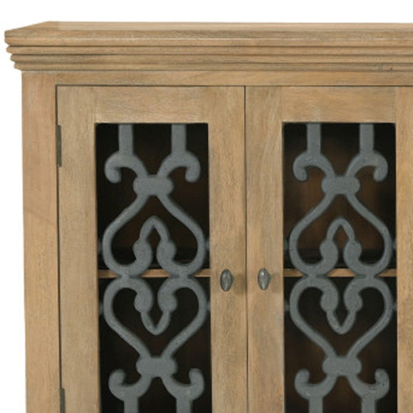 HomeRoots 84" Natural Distressed Solid Wood Sideboard with Glass Doors - Stylish Storage for Any Room 612037
