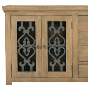 HomeRoots 84" Natural Distressed Solid Wood Sideboard with Glass Doors - Stylish Storage for Any Room 612037
