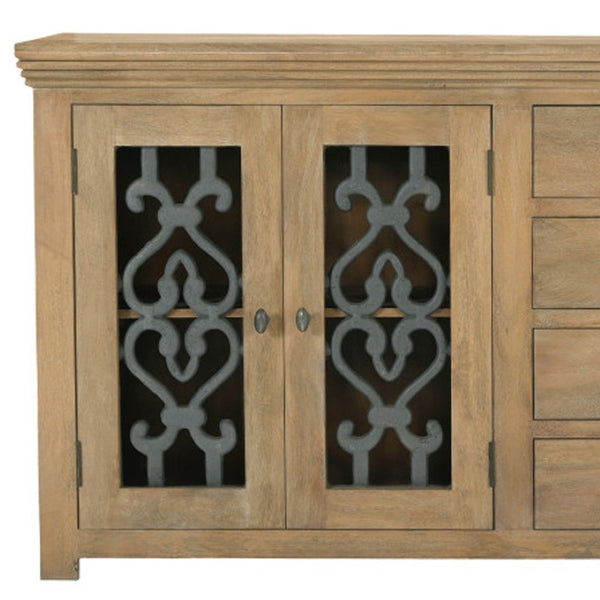 HomeRoots 84" Natural Distressed Solid Wood Sideboard with Glass Doors - Stylish Storage for Any Room 612037