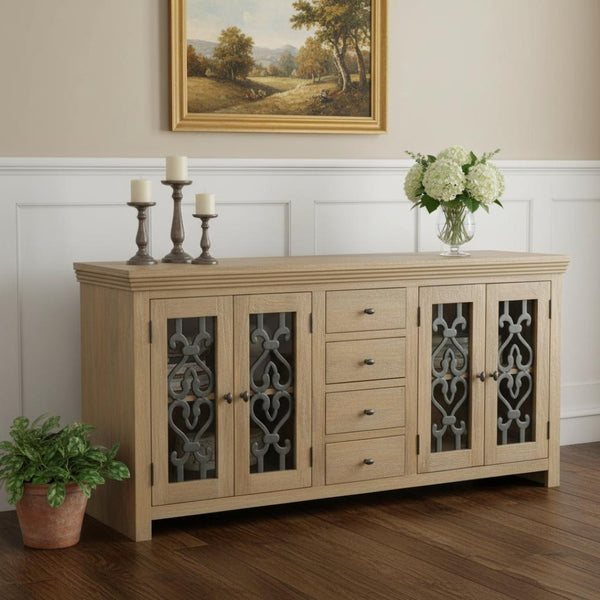 HomeRoots 84" Natural Distressed Solid Wood Sideboard with Glass Doors - Stylish Storage for Any Room 612037
