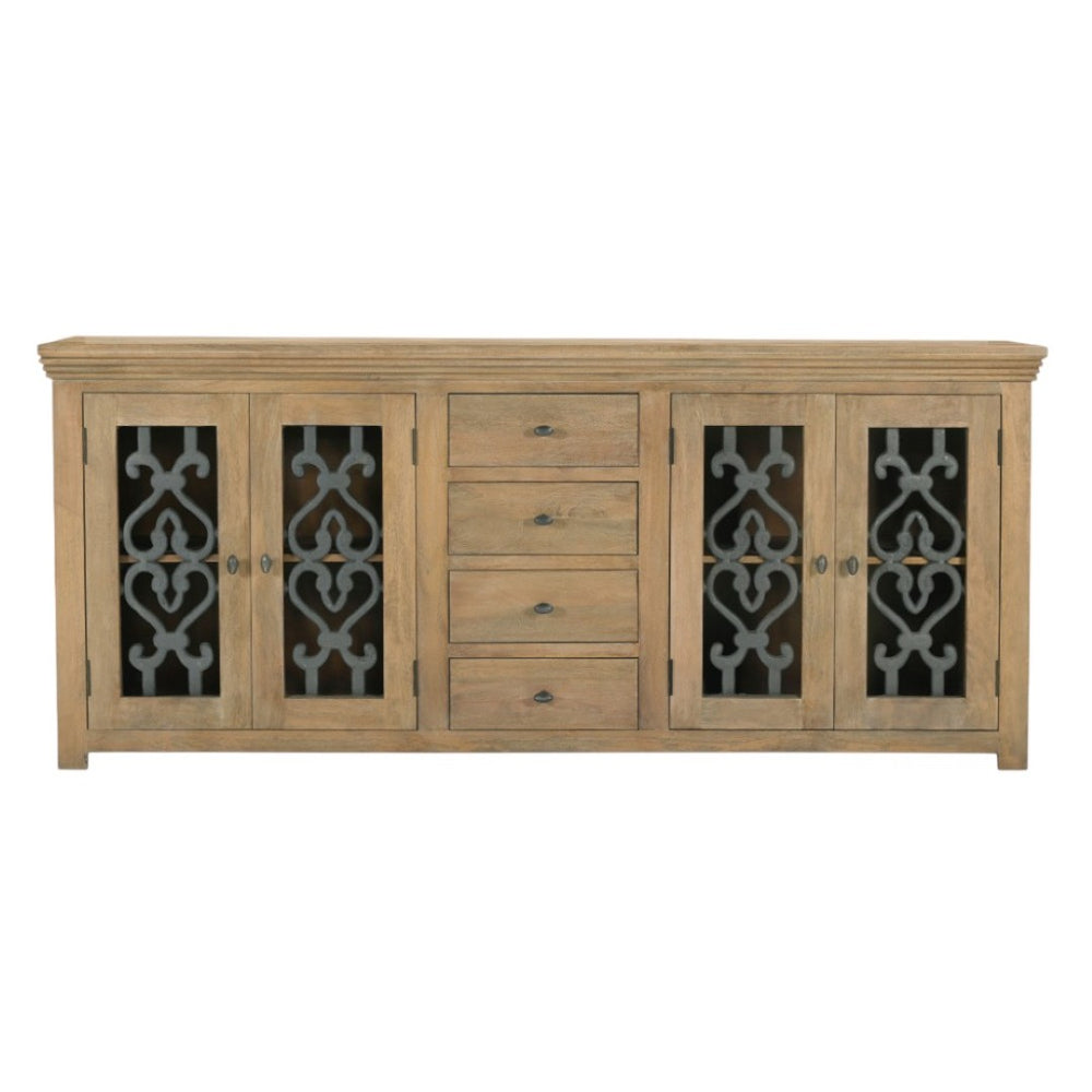 HomeRoots 84" Natural Distressed Solid Wood Sideboard with Glass Doors - Stylish Storage for Any Room 612037