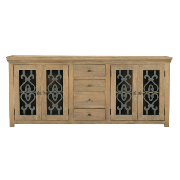 HomeRoots 84" Natural Distressed Solid Wood Sideboard with Glass Doors - Stylish Storage for Any Room 612037
