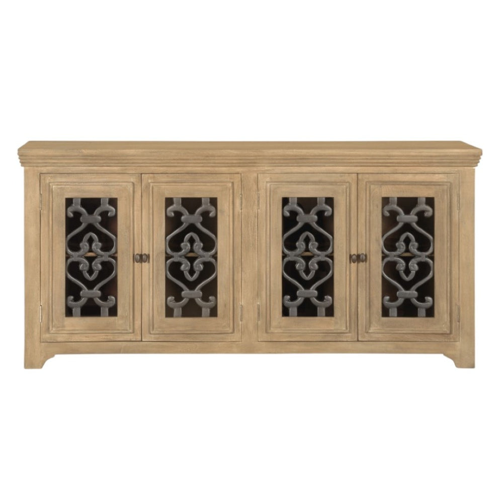 HomeRoots 76" Natural Distressed Solid Wood Sideboard with Soft Close, Glass Doors & Ample Storage Options 612038