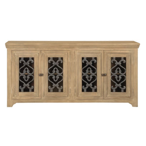 HomeRoots 76" Natural Distressed Solid Wood Sideboard with Soft Close, Glass Doors & Ample Storage Options 612038