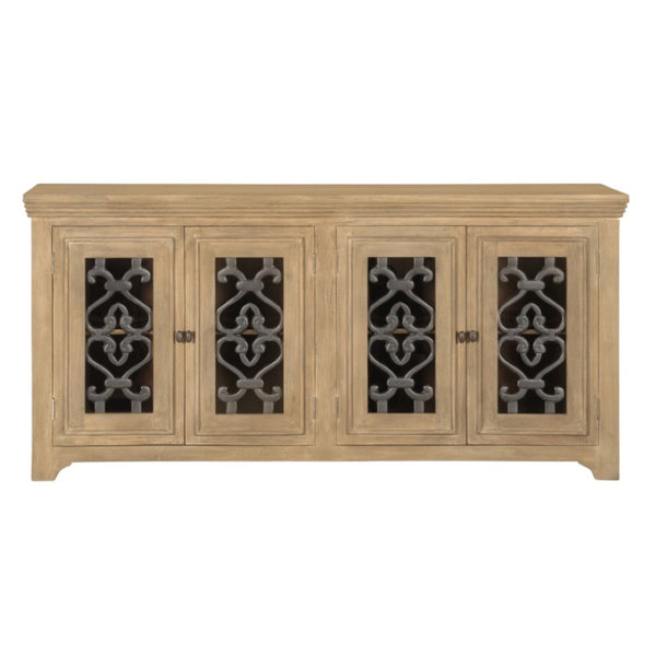 HomeRoots 76" Natural Distressed Solid Wood Sideboard with Soft Close, Glass Doors & Ample Storage Options 612038
