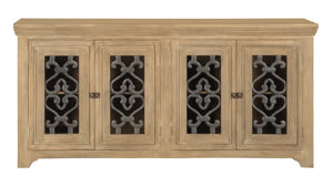 HomeRoots 76" Natural Distressed Solid Wood Sideboard with Soft Close, Glass Doors & Ample Storage Options 612038