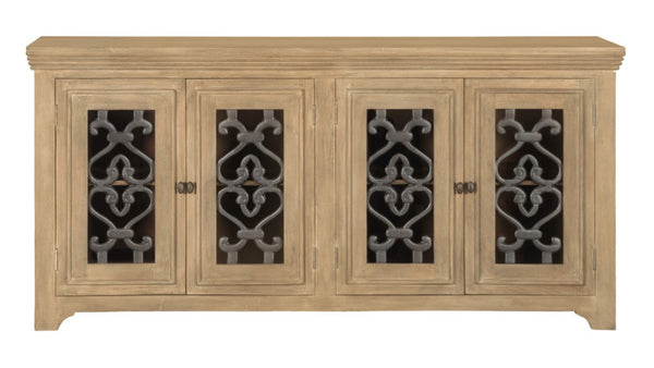 HomeRoots 76" Natural Distressed Solid Wood Sideboard with Soft Close, Glass Doors & Ample Storage Options 612038