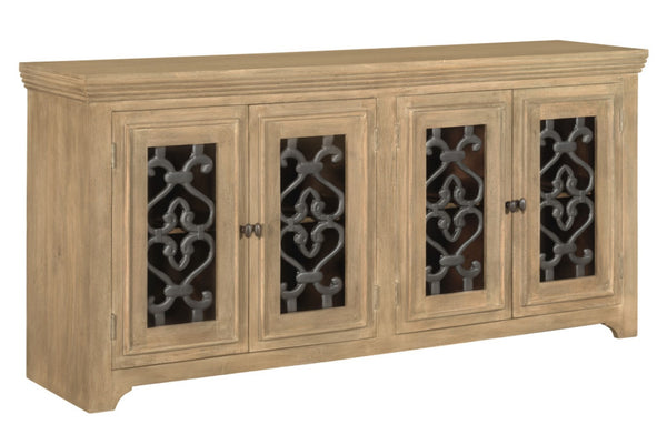 HomeRoots 76" Natural Distressed Solid Wood Sideboard with Soft Close, Glass Doors & Ample Storage Options 612038